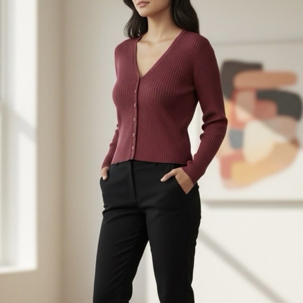 Song Of Style Size Medium Burgundy Red Ribbed Cropped Womens Cardigan Sweater